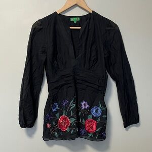 Tibi Cotton Silk Black Floral Embroidered Blouse
